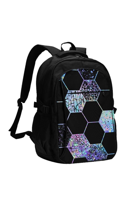 Geometric Hexagon Modern Black Blue Laptop Backpack with USB Charging Headphone Port Casual Daypack Bag College Business Travel