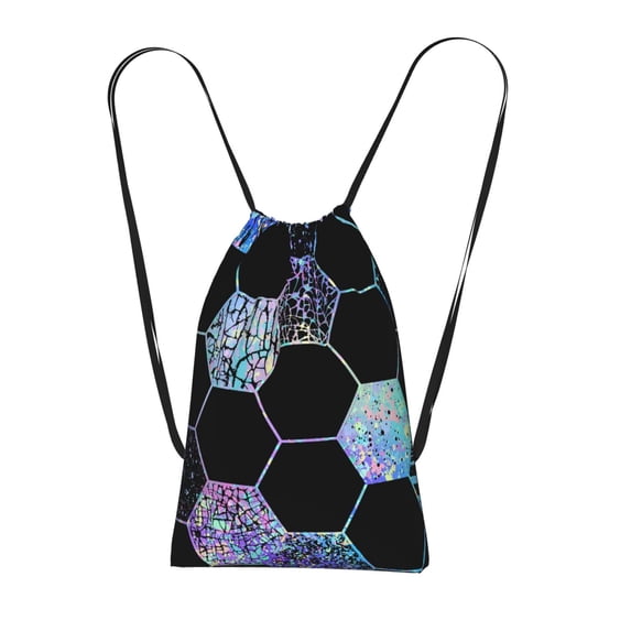 Geometric Hexagon Modern Black Blue Packable Drawstring Backpack, Lightweight Foldable Cinch Storage Bag for Gym Travel Shopping