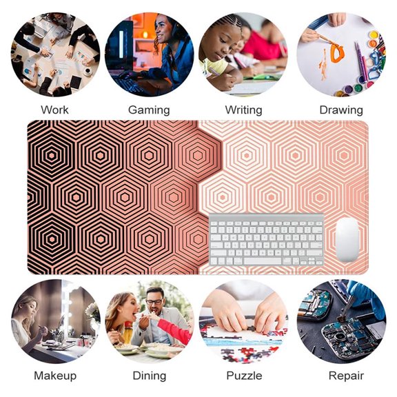 Geometric Hexagon Pattern Mouse Pad 31.5 x 11.82 inches Rose Gold and White Rubber Desk Mat for Office and Home Use