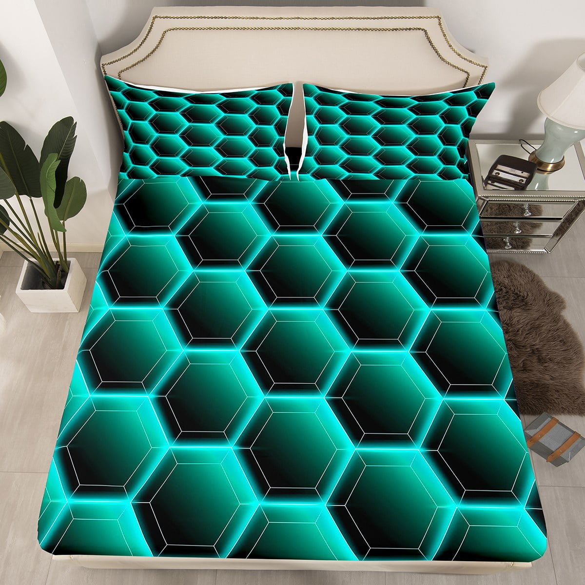 Geometric Hexagon Twin Bed Sheets,Neon Teal Honeycomb Sheets Hexagonal ...