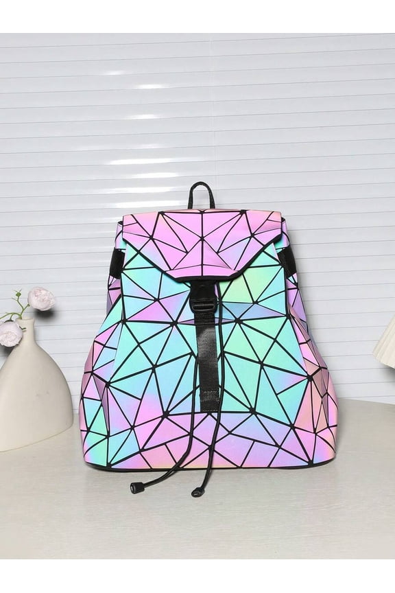 Geometric Holographic Dark Wash Backpack, Large Capacity Fashion Travel