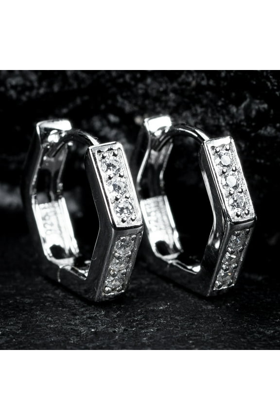 Geometric Hoop Earrings for Women Men Sterling Silver Hexagon Small Hoop Huggie Earrings Dainty Cubic Zirconia Cuff Huggie Earrings for Sensitive Ears
