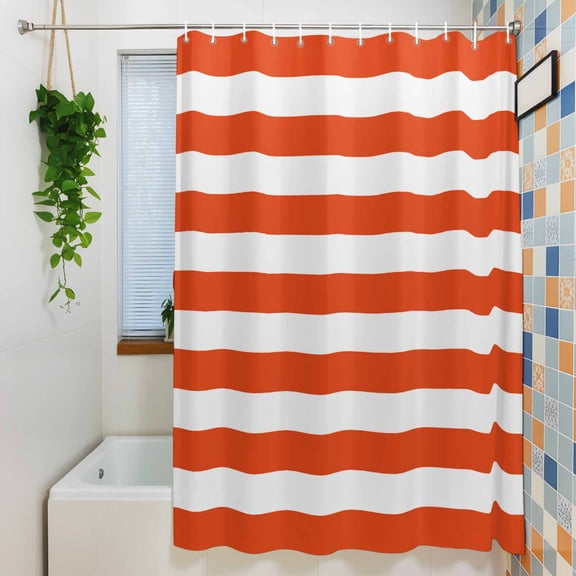 Geometric Horizontal Stripes Shower Curtain for Bathroom, Orange and White Waterproof Shower Curtains Washable Quick Dry with Hooks Bathtub Curtains 72x72IN