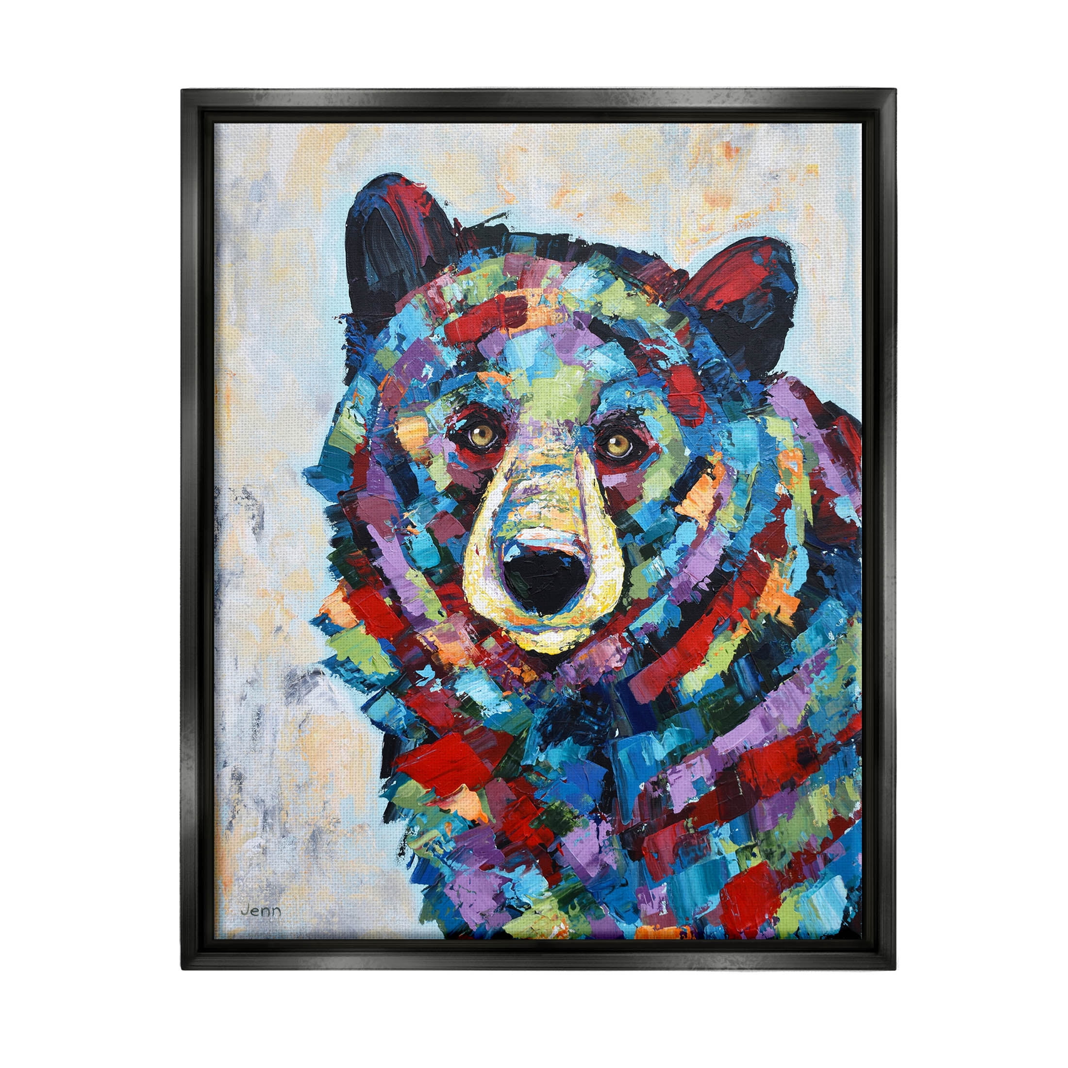 Geometric Hued Abstract Bear Animals & Insects Painting Jet Black Framed Art Print Wall Art