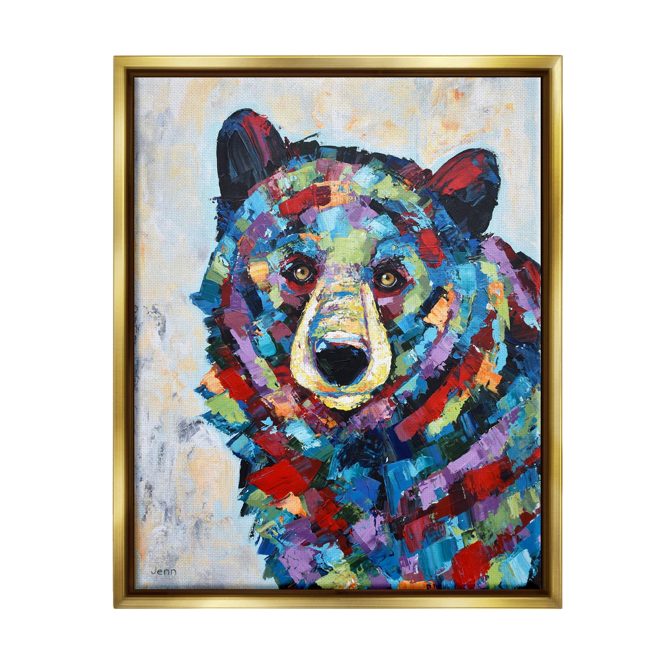 Geometric Hued Abstract Bear Animals & Insects Painting Metallic Gold Framed Art Print Wall Art