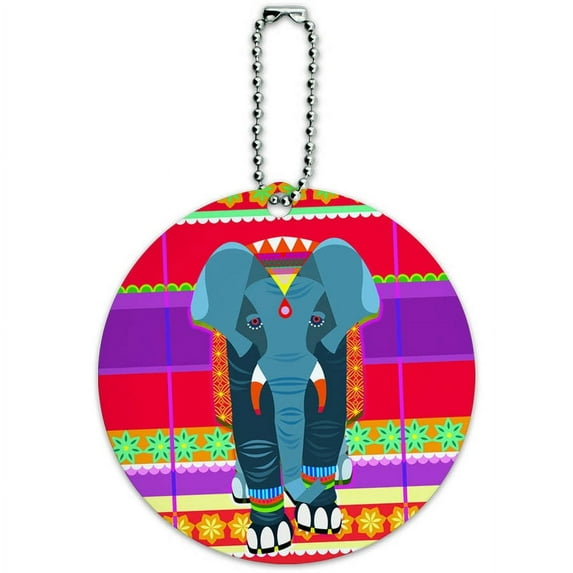 Geometric Indian Elephant Blue Red Round Luggage ID Tag Card for Suitcase or Carry-On