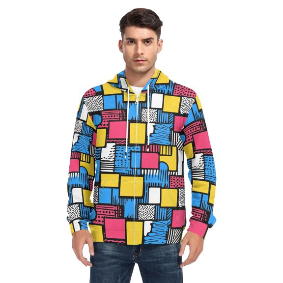 Geometric Irregular Pattern Men’s Hoodies Sweatshirt with Full Zip Pockets Fleece Jackets