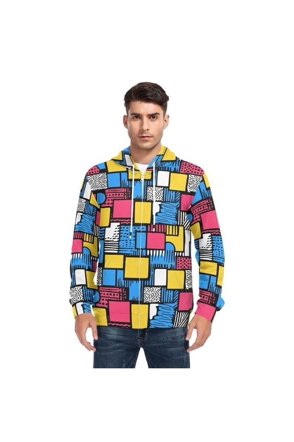 Geometric Irregular Pattern Men’s Hoodies Sweatshirt with Full Zip Pockets Fleece Jackets