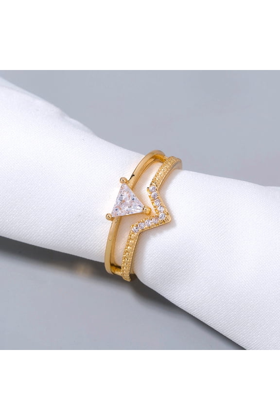 Geometric Irregular Triangular Zircon Ring Ring With Double V-Shaped Micro-Gem Inlay