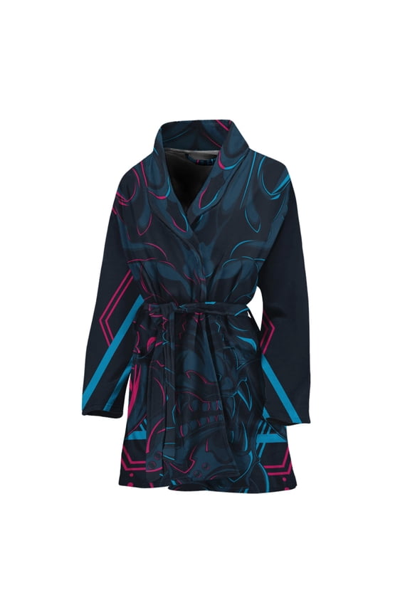 Geometric Japanese Demon Women Bathrobe One Size Univeral Fits, Demon Monster Evil Fashion Lightweight Plush Fleece Long Robe For Women