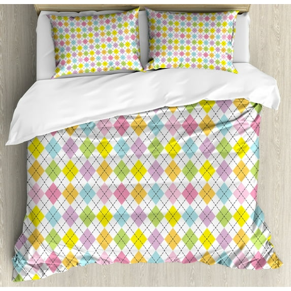 Geometric King Size Duvet Cover Set, Argyle Pattern Formed by Dashed Lines Crossing Over Soft Colored Diamond Figures, Decorative 3 Piece Bedding Set with 2 Pillow Shams, Multicolor, by Ambesonne