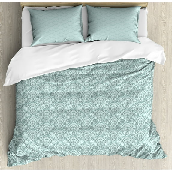 Geometric King Size Duvet Cover Set, Fish Scale Pattern Half Circles Dots Geometric Arrangement Circular Motifs, Decorative 3 Piece Bedding Set with 2 Pillow Shams, Seafoam White, by Ambesonne