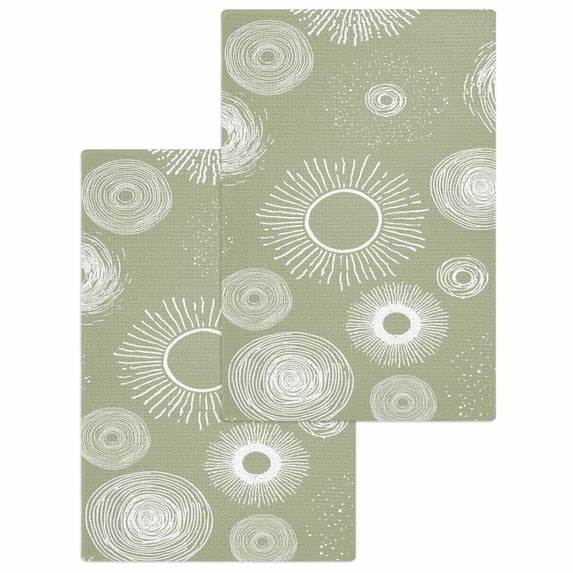 Geometric Kitchen Dish Towels for Drying Dishes Set of 2, Abstract Sage Green White Boho Circle Dot Waffle Weave Microfiber Hand Tea Bathroom Towels Quick Dry & Absorbent Towel 15.7x23.6