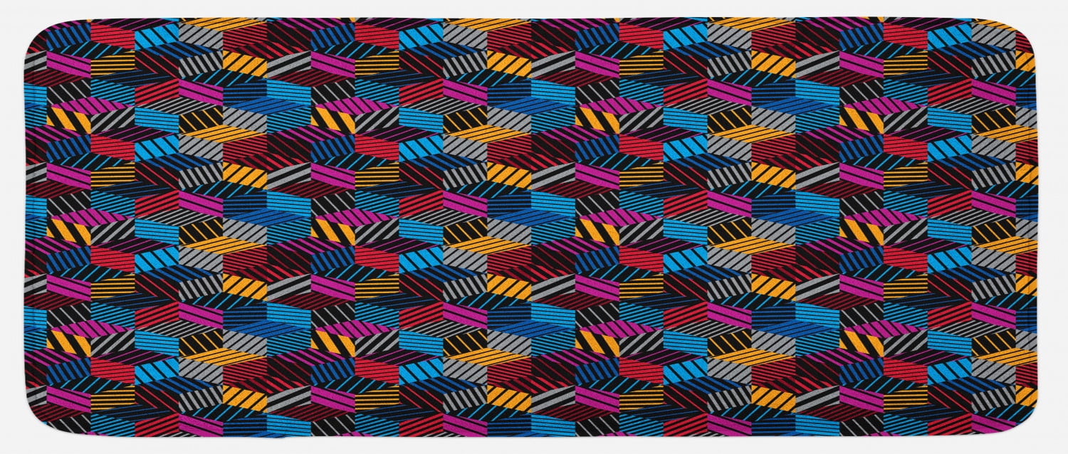 Geometric Kitchen Mat, Stripped 3 Dimensional Cube Pattern Vibrant ...