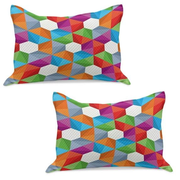Geometric Knitted Quilt Pillowcover Set of 2, Colorful Retro Geometric Triangle and Polygonal Mosaic Pattern Interior Design, Standard Queen Pillow Sham Bedroom, 30" x 20", Multicolor, by Ambesonne