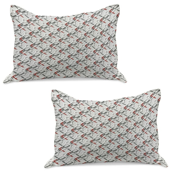 Geometric Knitted Quilt Pillowcover Set of 2, Complex Grid Pattern with Modern Design Squares and Chevron Details, Standard Queen Pillow Sham Bedroom, 30" x 20", Charcoal Grey White Red, by Ambesonne