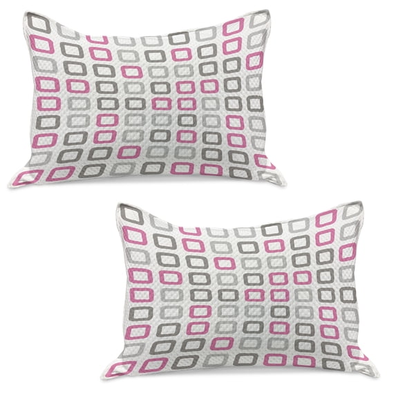 Geometric Knitted Quilt Pillowcover Set of 2, Square Frames in Vintage Colors Geometric Pale Toned Illustration, Standard Queen Pillow Sham Bedroom, 30" x 20", Pink White Grey, by Ambesonne
