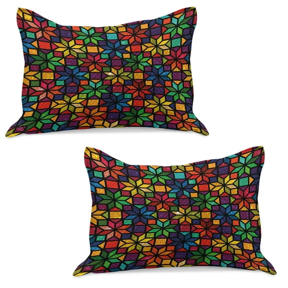 Geometric Knitted Quilt Pillowcover Set of 2, Windows Glass Inspired Rainbow Colored Image with Flowers Like Art Print, Standard Queen Pillow Sham Bedroom, 30" x 20", Multicolor, by Ambesonne
