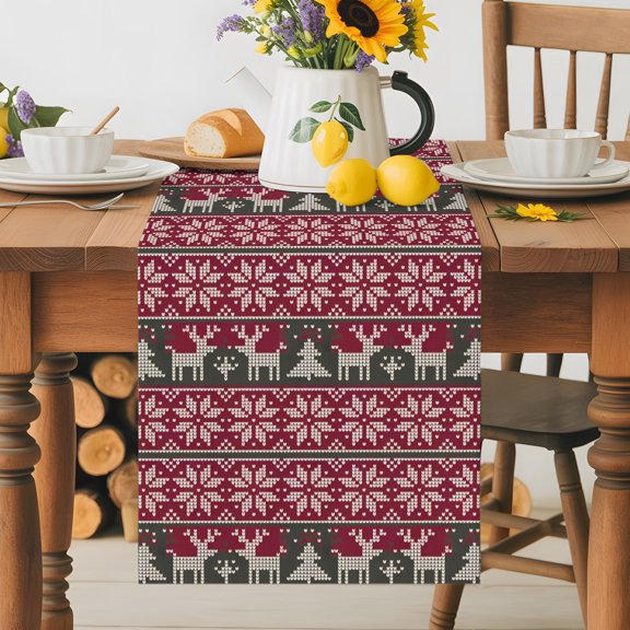 Geometric Knitting Winter Christmas Elk Table Runner 36 Inches Long, Xmas Tree Table Runners Tabletop Scarf Kitchen Dining Tables Decoration for Home Party Indoor Outdoor