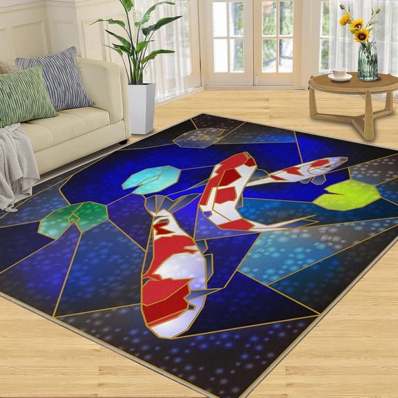 Geometric Koi Area Rugs Washable Non-Slip Rectangle Rug, Abstract Luxury Koi Navy Blue Print Stain Resistant Carpet For Living Room Bedroom Dining Room Floor Mats 1x2ft