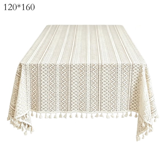 Geometric Lace Tablecloth, Beige Polyester Overlay with Tassel Fringe for Dining Room and Party Decor