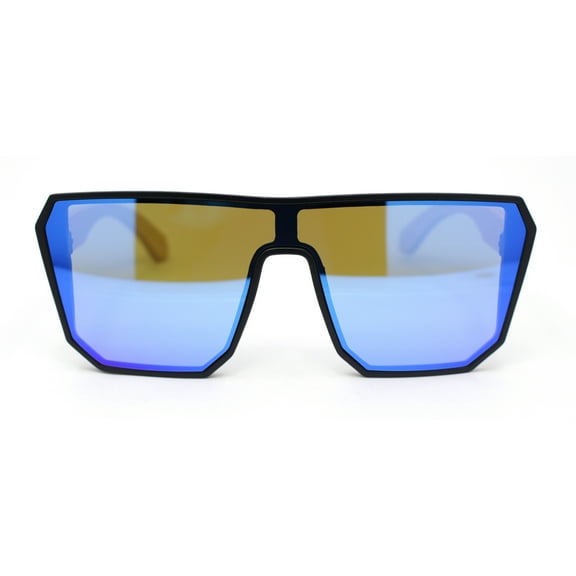 Geometric Large Shield Mirror Lens Bamboo Wood Arm Retro Sunglasses Matte Black - Blue Mirror