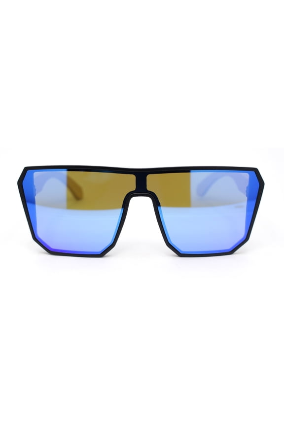 Geometric Large Shield Mirror Lens Bamboo Wood Arm Retro Sunglasses Matte Black - Blue Mirror
