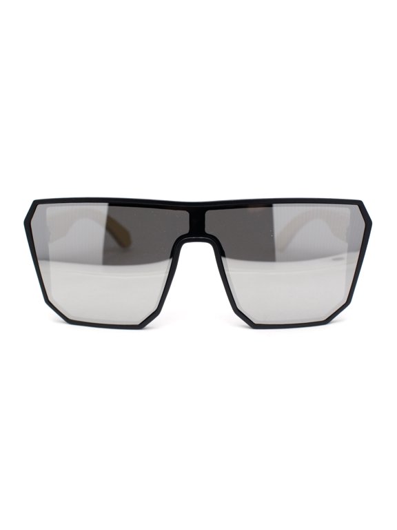 Geometric Large Shield Mirror Lens Bamboo Wood Arm Retro Sunglasses Matte Black - Silver Mirror