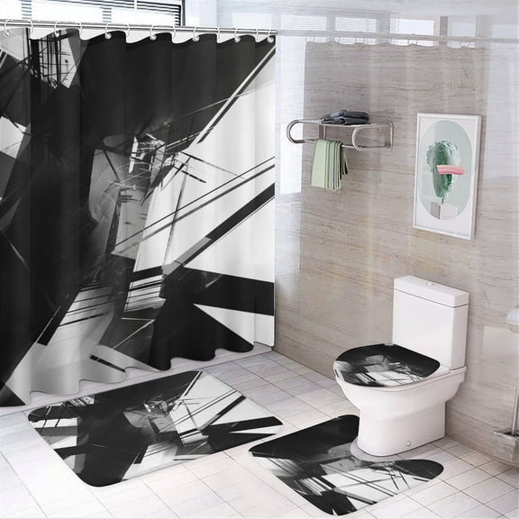 Geometric Lattice 4 Piece Shower Curtain Sets, with Non-Slip Rugs, Toilet Lid Cover And Bath Mat, for Bathroom Decor Set