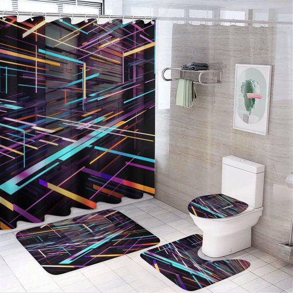 Geometric Lattice 4 Piece Shower Curtain Sets, with Non-Slip Rugs, Toilet Lid Cover And Bath Mat, for Bathroom Decor Set