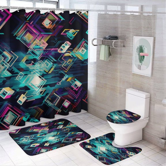 Geometric Lattice 4 Piece Shower Curtain Sets, with Non-Slip Rugs, Toilet Lid Cover And Bath Mat, for Bathroom Decor Set