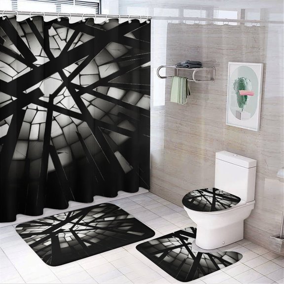 Geometric Lattice 4 Piece Shower Curtain Sets, with Non-Slip Rugs, Toilet Lid Cover And Bath Mat, for Bathroom Decor Set