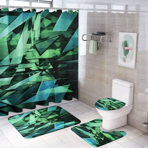 Geometric Lattice 4 Piece Shower Curtain Sets, with Non-Slip Rugs, Toilet Lid Cover And Bath Mat, for Bathroom Decor Set