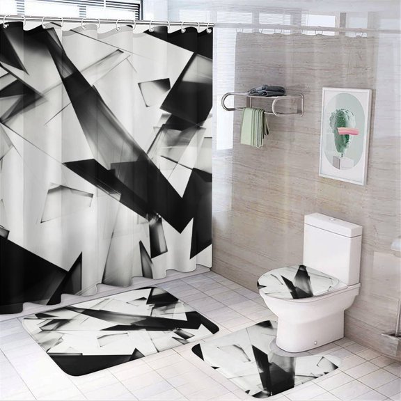 Geometric Lattice 4 Piece Shower Curtain Sets, with Non-Slip Rugs, Toilet Lid Cover And Bath Mat, for Bathroom Decor Set