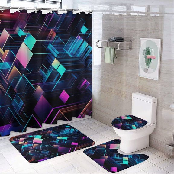 Geometric Lattice 4 Piece Shower Curtain Sets, with Non-Slip Rugs, Toilet Lid Cover And Bath Mat, for Bathroom Decor Set