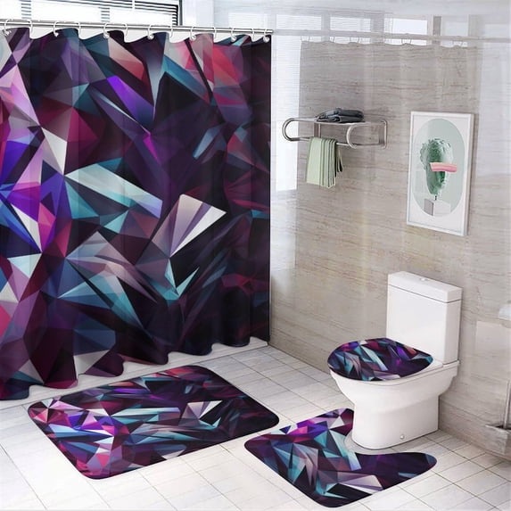 Geometric Lattice 4 Piece Shower Curtain Sets, with Non-Slip Rugs, Toilet Lid Cover And Bath Mat, for Bathroom Decor Set