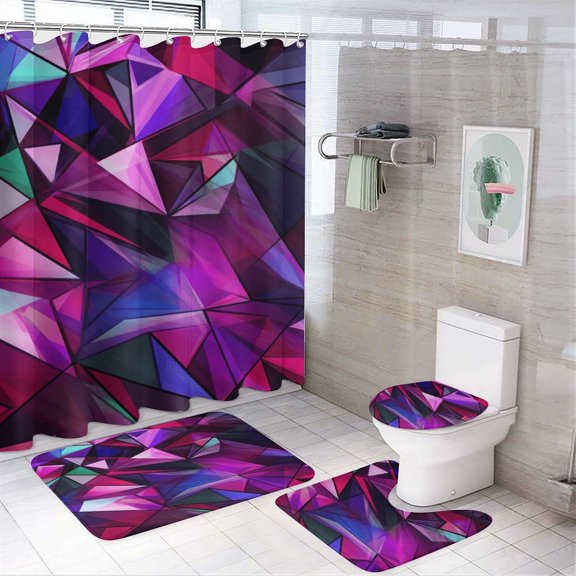 Geometric Lattice 4 Piece Shower Curtain Sets, with Non-Slip Rugs, Toilet Lid Cover And Bath Mat, for Bathroom Decor Set
