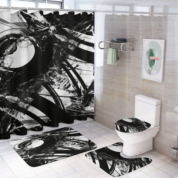 Geometric Lattice 4 Piece Shower Curtain Sets, with Non-Slip Rugs, Toilet Lid Cover And Bath Mat, for Bathroom Decor Set