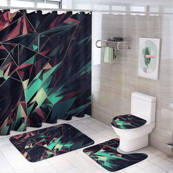 Geometric Lattice 4 Piece Shower Curtain Sets, with Non-Slip Rugs, Toilet Lid Cover And Bath Mat, for Bathroom Decor Set