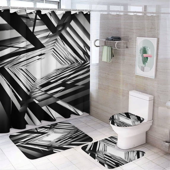 Geometric Lattice 4 Piece Shower Curtain Sets, with Non-Slip Rugs, Toilet Lid Cover And Bath Mat, for Bathroom Decor Set