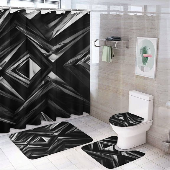 Geometric Lattice 4 Piece Shower Curtain Sets, with Non-Slip Rugs, Toilet Lid Cover And Bath Mat, for Bathroom Decor Set