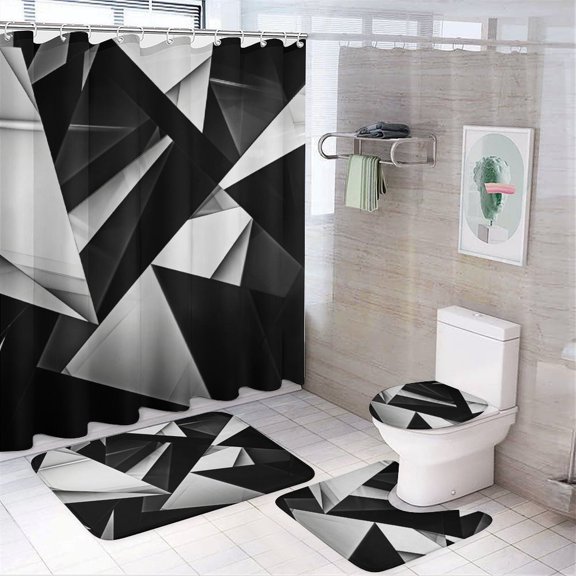 Geometric Lattice Bathroom Sets with Shower Curtain And Rugs, Incl with 12 Hooks，Toilet Lid Oval Rug
