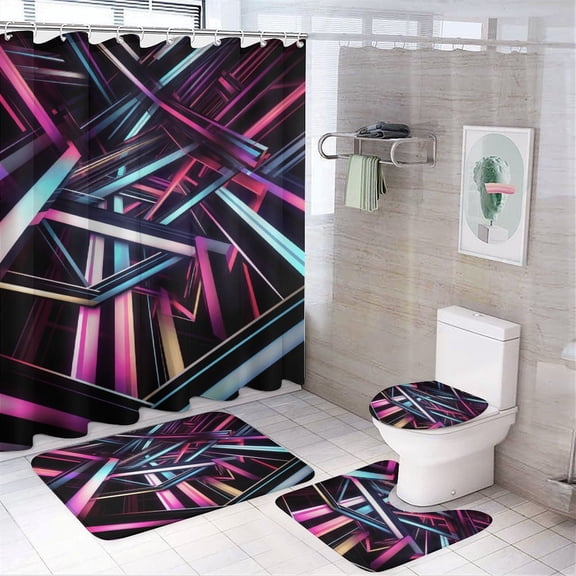 Geometric Lattice Bathroom Sets with Shower Curtain And Rugs, Incl with 12 Hooks，Toilet Lid Oval Rug