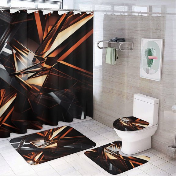 Geometric Lattice Bathroom Sets with Shower Curtain And Rugs, Incl with 12 Hooks，Toilet Lid Oval Rug