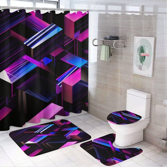 Geometric Lattice Bathroom Sets with Shower Curtain And Rugs, Incl with 12 Hooks，Toilet Lid Oval Rug