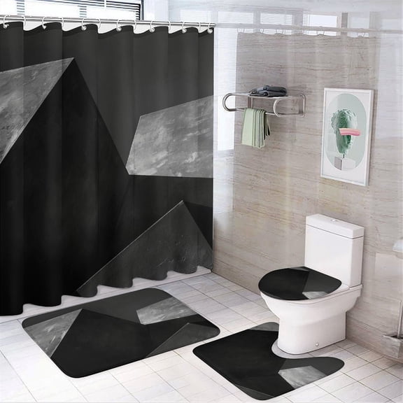 Geometric Lattice Bathroom Sets with Shower Curtain And Rugs, Incl with 12 Hooks，Toilet Lid Oval Rug