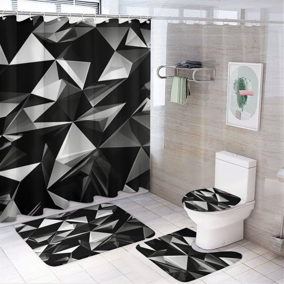 Geometric Lattice Bathroom Sets with Shower Curtain And Rugs, Incl with 12 Hooks,Toilet Lid Oval Rug