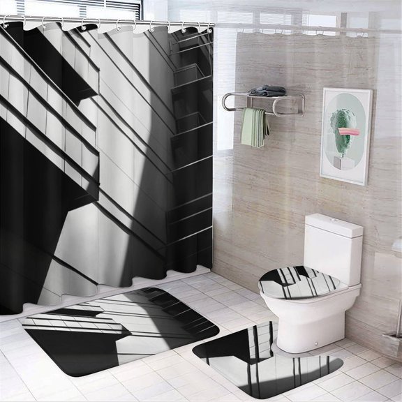 Geometric Lattice Bathroom Sets with Shower Curtain And Rugs, Incl with 12 Hooks，Toilet Lid Oval Rug