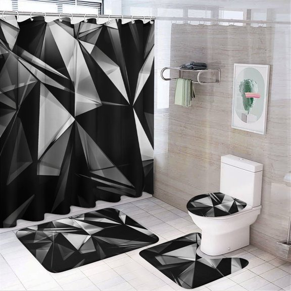 Geometric Lattice Bathroom Sets with Shower Curtain And Rugs, Incl with 12 Hooks，Toilet Lid Oval Rug
