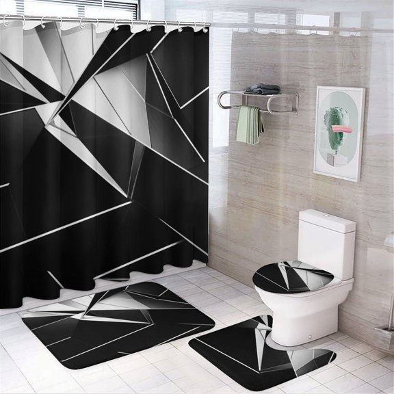 Geometric Lattice Bathroom Sets with Shower Curtain And Rugs, Incl with 12 Hooks，Toilet Lid Oval Rug